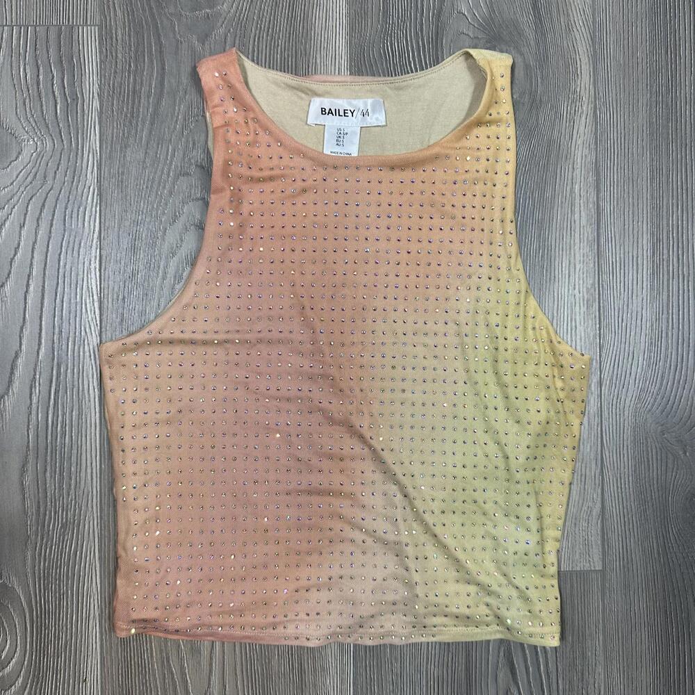Bailey 44 Orange and Yellow Ombre Mesh Overlay Tank Top with Crystal Details